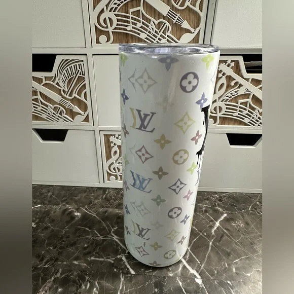 Louis Vuitton LV Blue White Leather Bling Glam Luxe Designer 20oz Tumbler - Picture 2 of 8